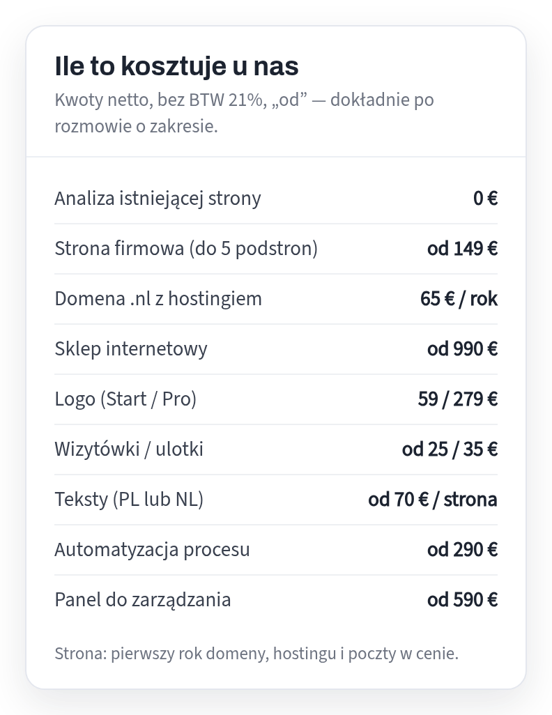 Net price list: website analysis 0 euros, company website from 149 euros, domain with hosting 65 euros per year, store from 990 euros, Start logo 59 euros and Pro 279 euros, business cards from 25 euros, leaflets from 35 euros, texts from 70 euros per page, automation from 290 euros, panel from 590 euros