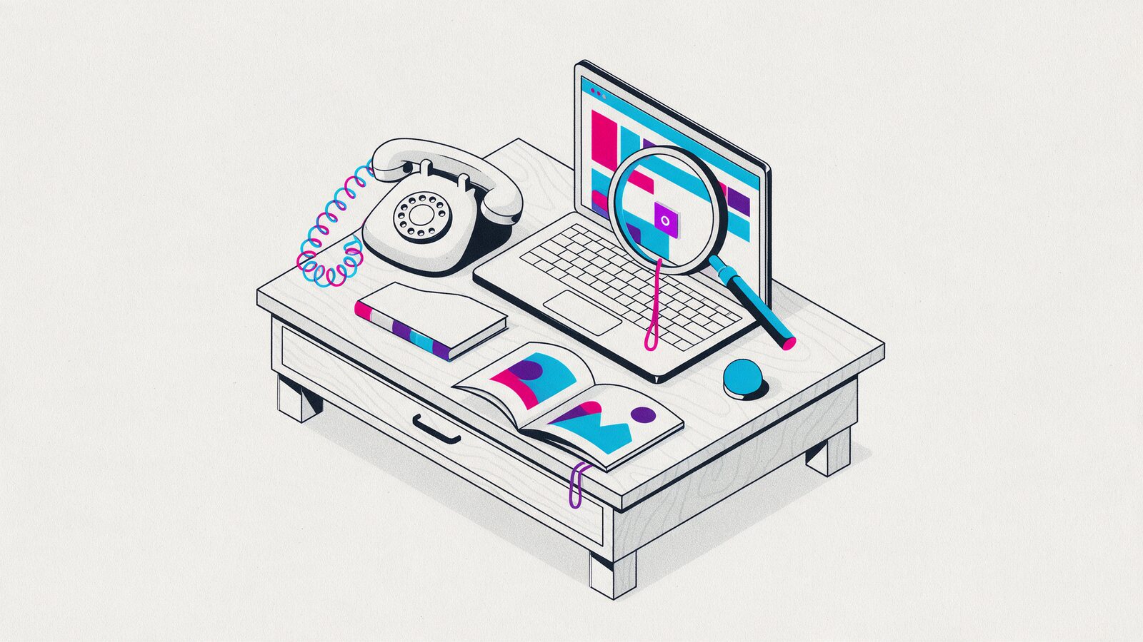 A silent landline phone next to a laptop with a website and a magnifying glass over a small, hard-to-find button