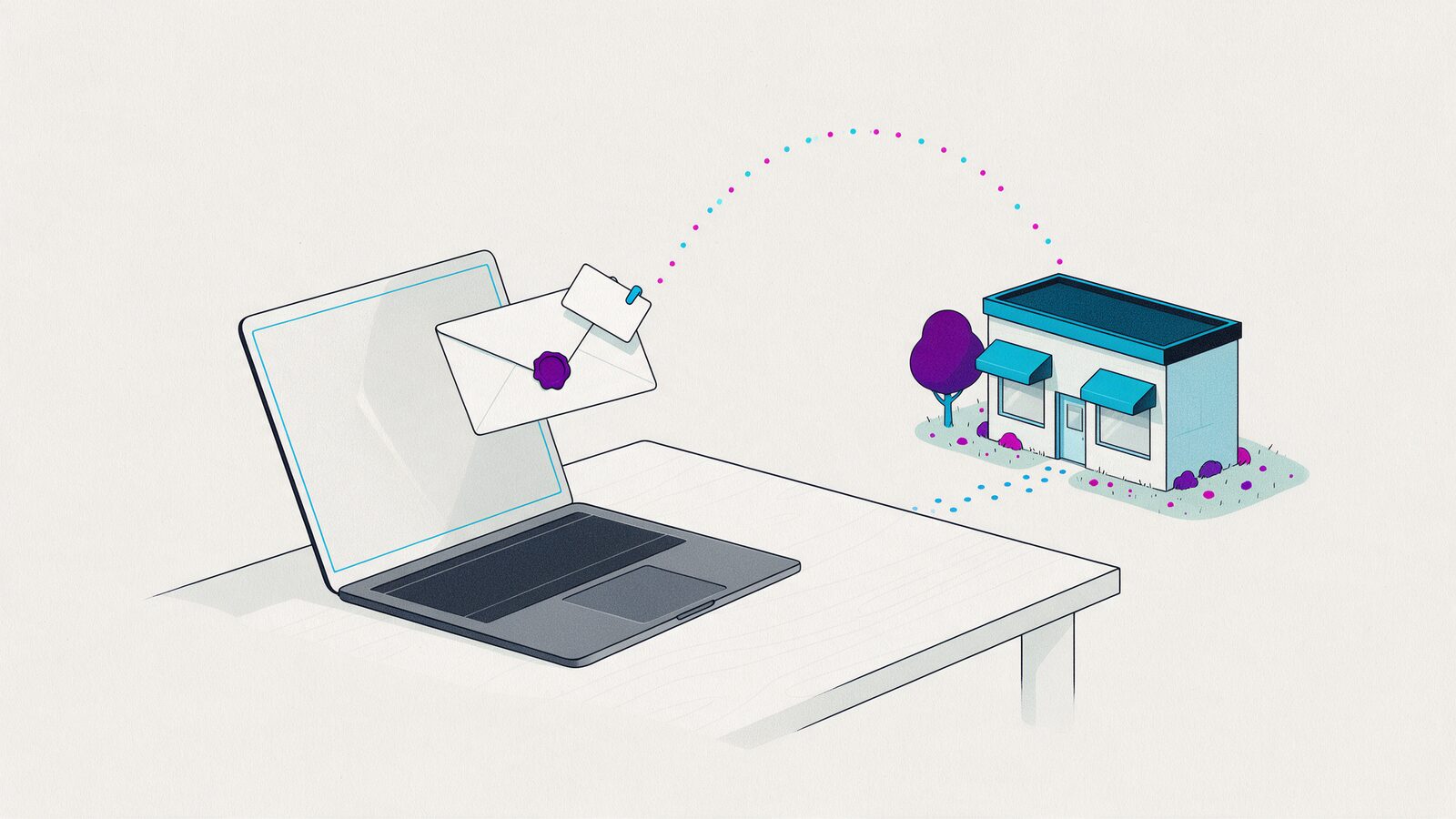 Laptop sending an envelope with a dotted line stamp to a small store - corporate mail