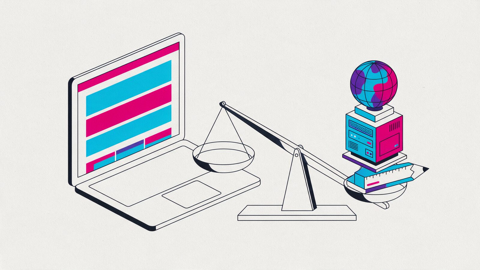A laptop with a page next to a scale with three blocks on it: a globe, a server and a pencil with a ruler
