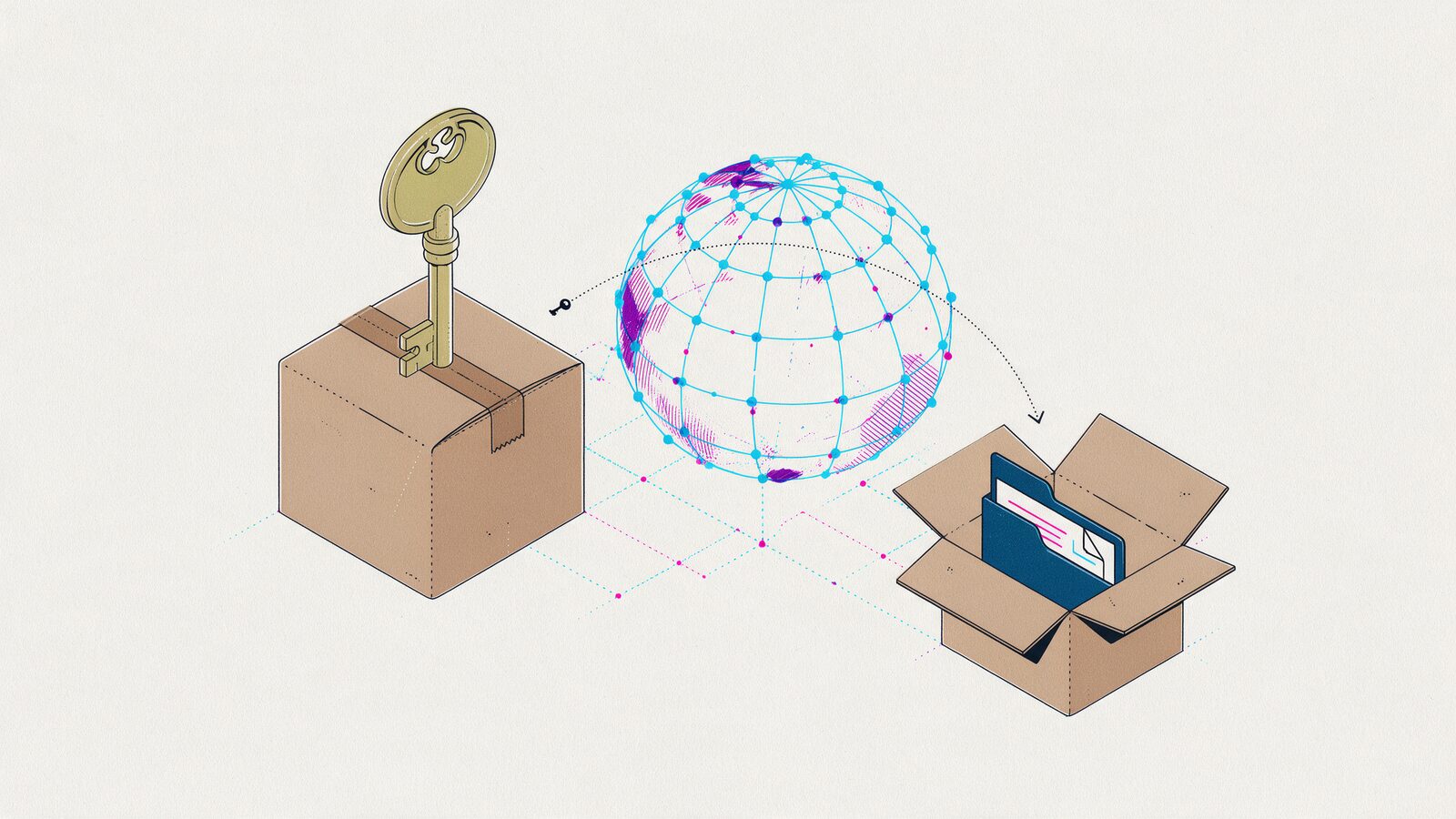 A key on a cardboard box, a network globe and another box with a folder of documents - domain transfer