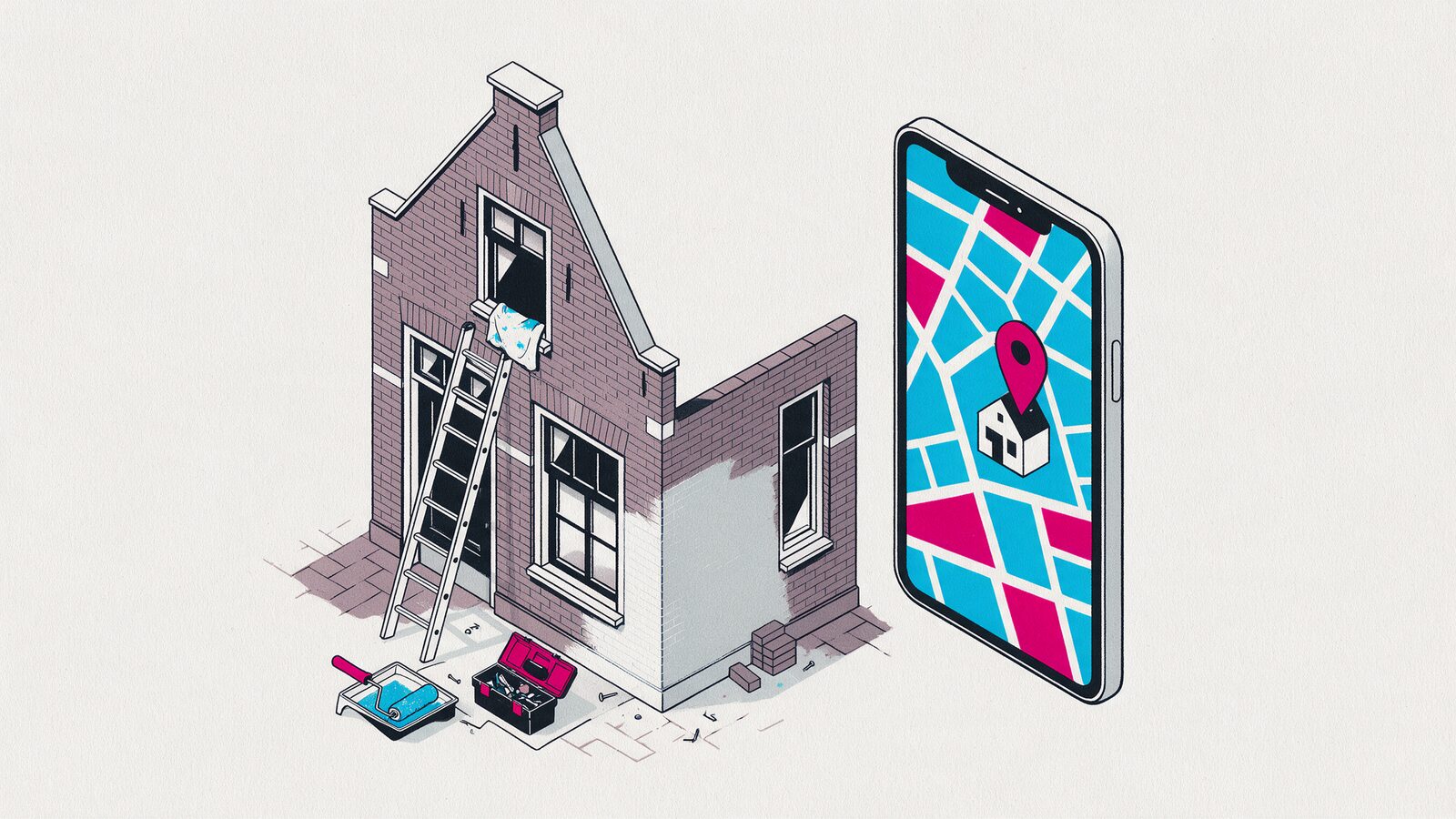 A narrow Dutch tenement house under renovation with a ladder and a paint roller, next to it is a telephone with a map and a pin