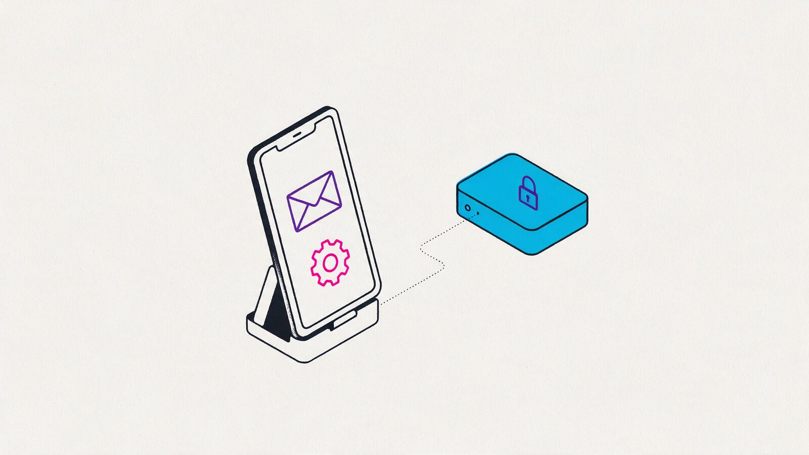 Phone in stand with envelope and gear icon, connected by dotted line to server box with padlock