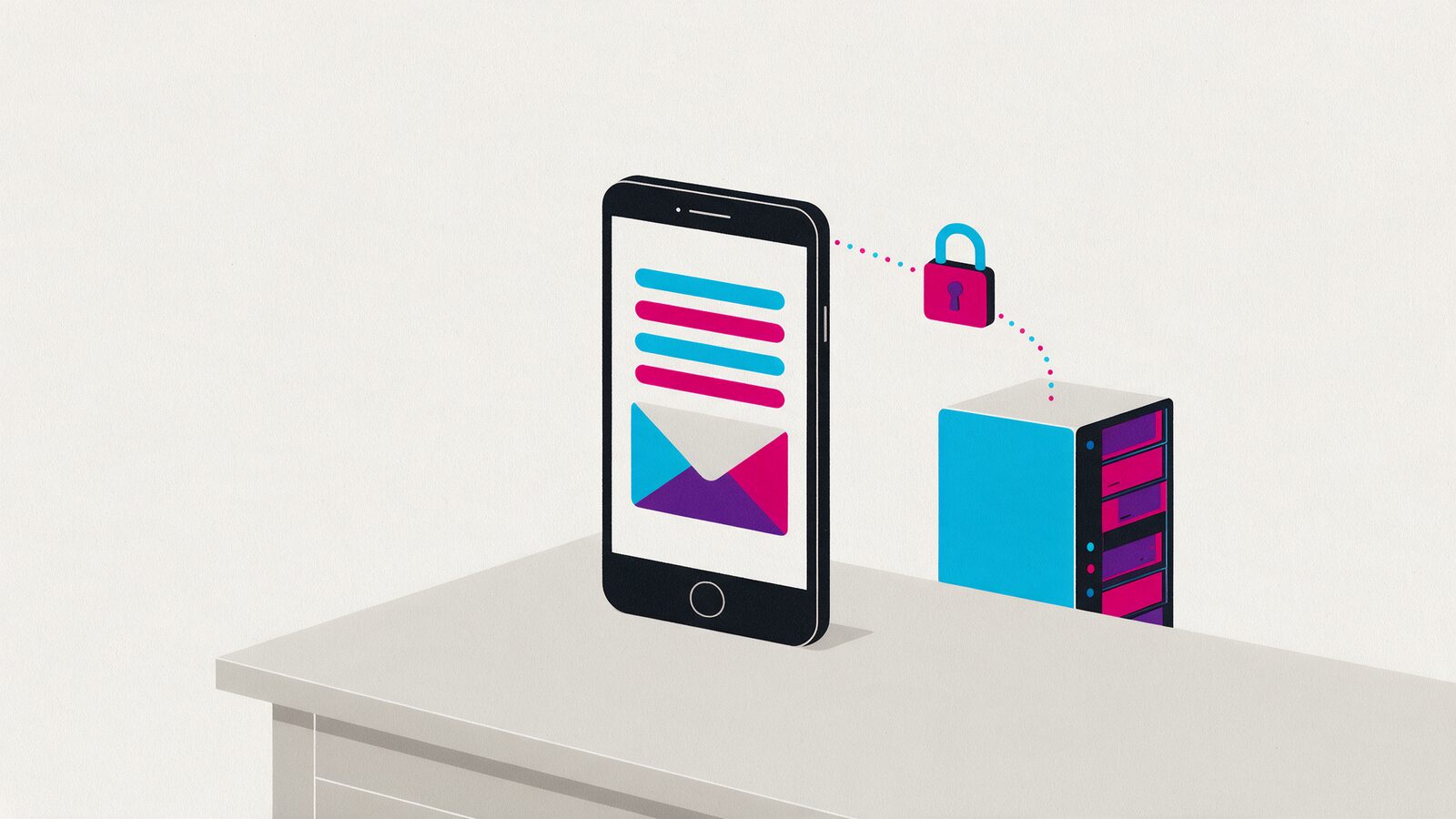 Phone on desk with envelope icon, connected by dotted line via padlock to mail server