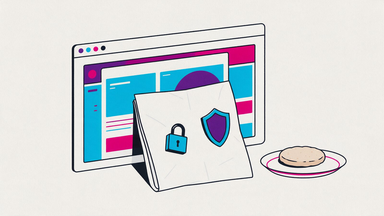 A browser window with a page, in front of it a folded document with a padlock, a shield and a cookie on a plate