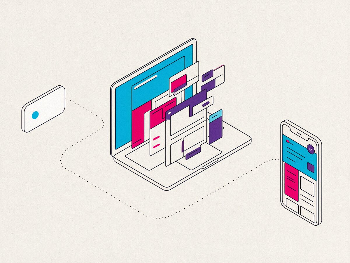 Illustration: a message, a laptop assembling a site and the finished site on a phone