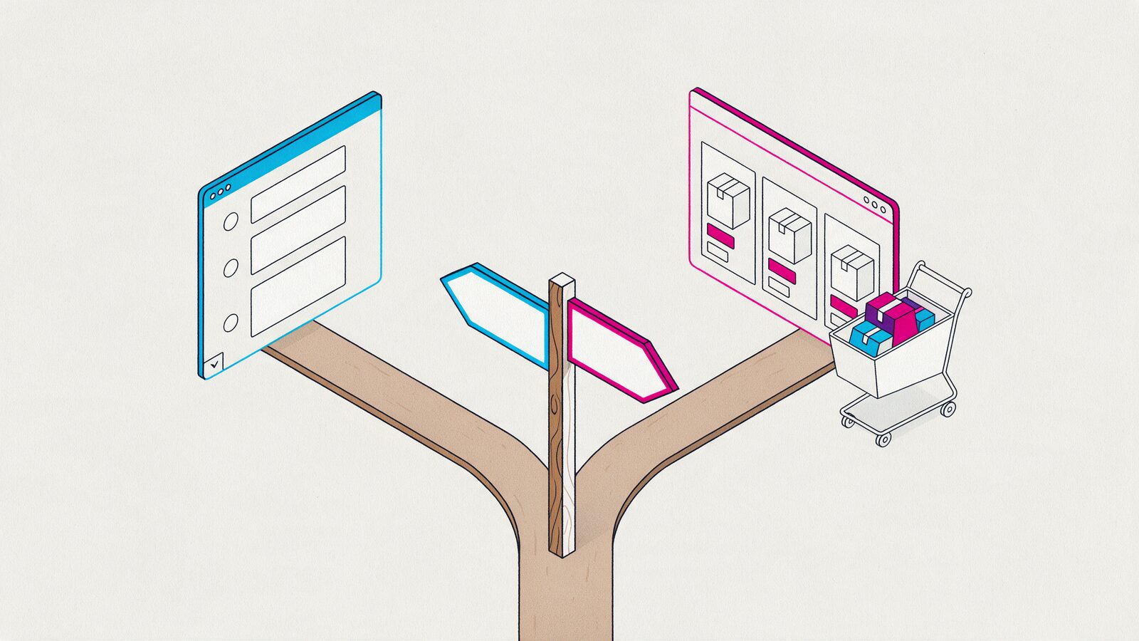 A forked path with a signpost: on the left, a window of the straight side, on the right, an online store and a cart with parcels