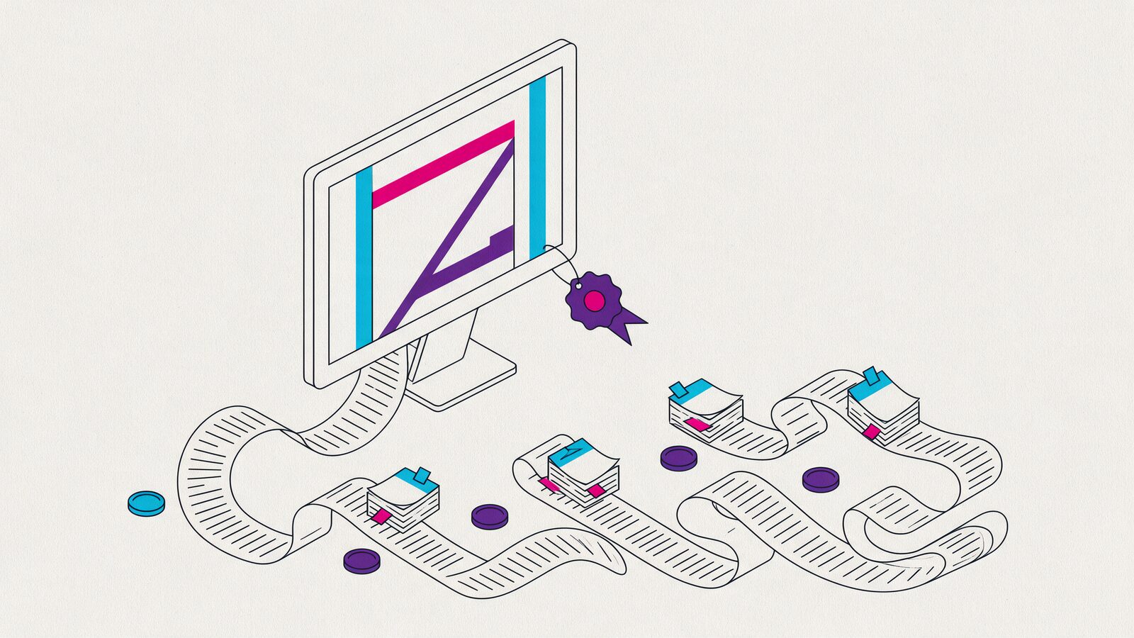 A monitor with a page and a small price tag, and behind it a long receipt with bills stretching across the floor
