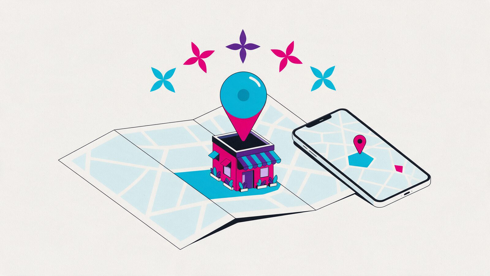 A spread map with a large pin above a small shop, stars above it and a phone with the same map