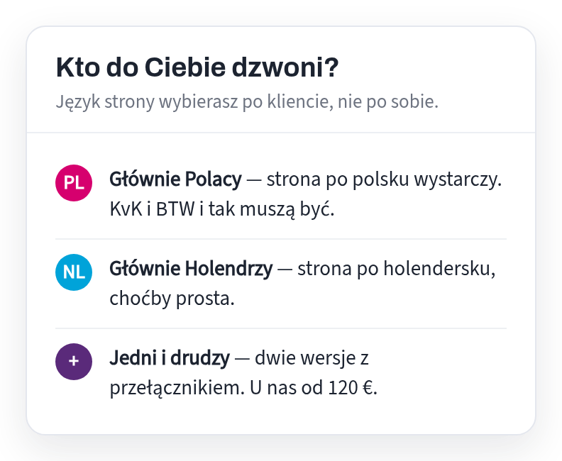 Site language selection: mainly Poles - in Polish; mainly Dutch - in Dutch; both - two versions with a switch, here from 120 euros
