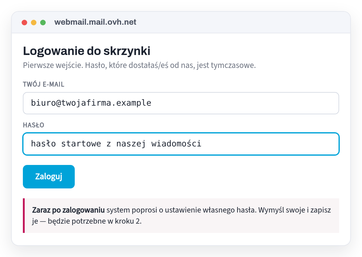 Mailbox login window with address and password fields