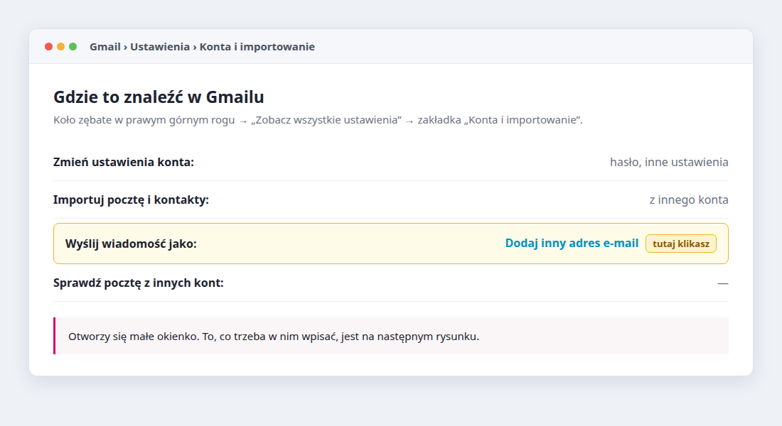 Gmail Settings, Accounts & Import tab, Send Message As line