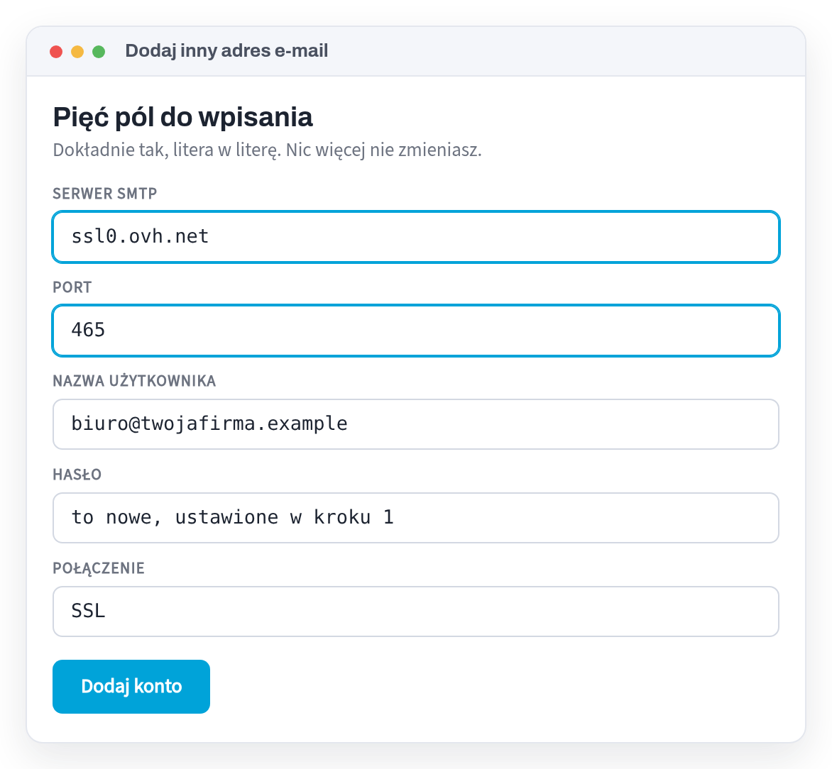 Gmail window with SMTP server, port, username, password and connection fields