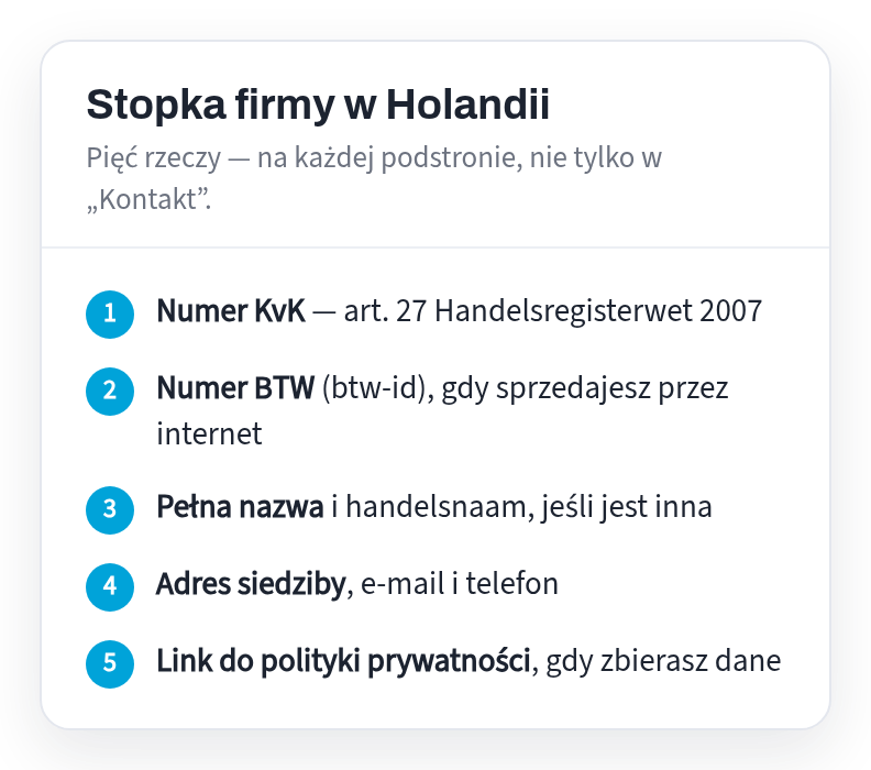 Company footer in the Netherlands, five things: KvK number, BTW number, full name and tradesnaam, registered office address with e-mail and telephone, link to privacy policy
