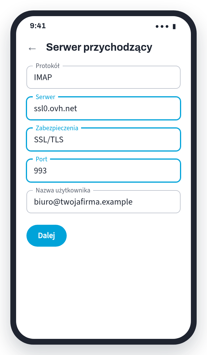Android scheme: IMAP incoming server ssl0.ovh.net, SSL/TLS, port 993