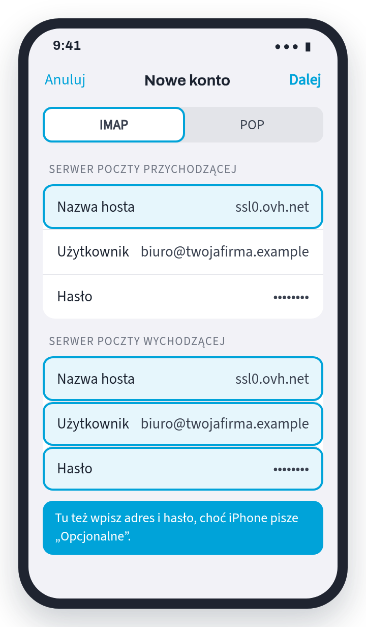 iPhone scheme: IMAP selected, hostname ssl0.ovh.net for incoming and outgoing mail, username and password entered in both
