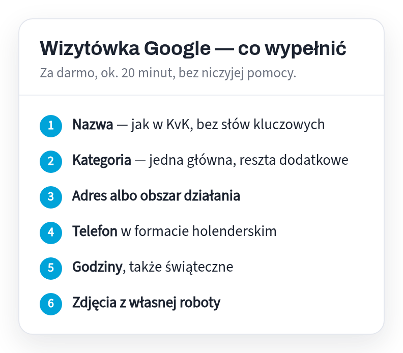 Google business card, what to fill in: name as in KvK, category, address or area of ​​operation, telephone number, hours including holidays, home-made photos